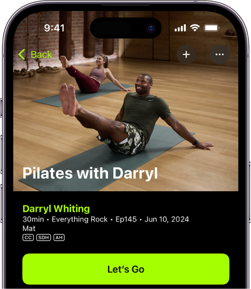 The Apple Fitness+ screen showing a workout. An image of trainers performing a workout is at the top of the screen. The title of the workout and the name of the trainer leading the workout are in the center. The button to start the workout is below the workout details.