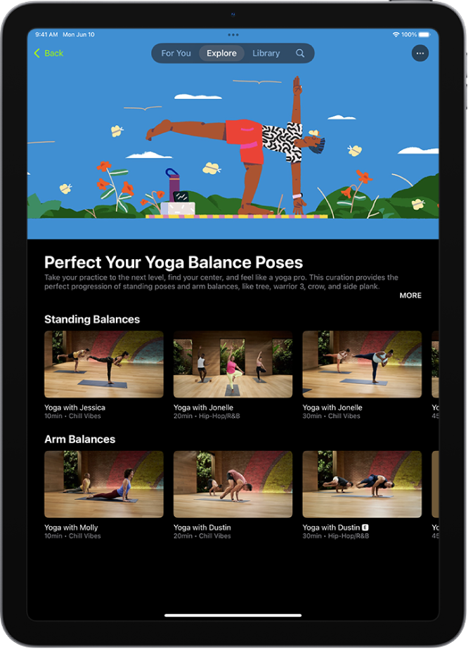 The Apple Fitness+ screen showing a Yoga collection. The collection title and description is at the center of the screen. Below the collection title are rows of workouts.