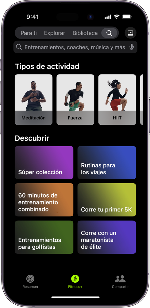 La pantalla Buscar de Apple Fitness+ mostrando un campo de búsqueda en la parte superior. La sección Tipos de actividad de abajo muestra los tipos de actividad destacados. La sección Descubrir de abajo muestra seis categorías.