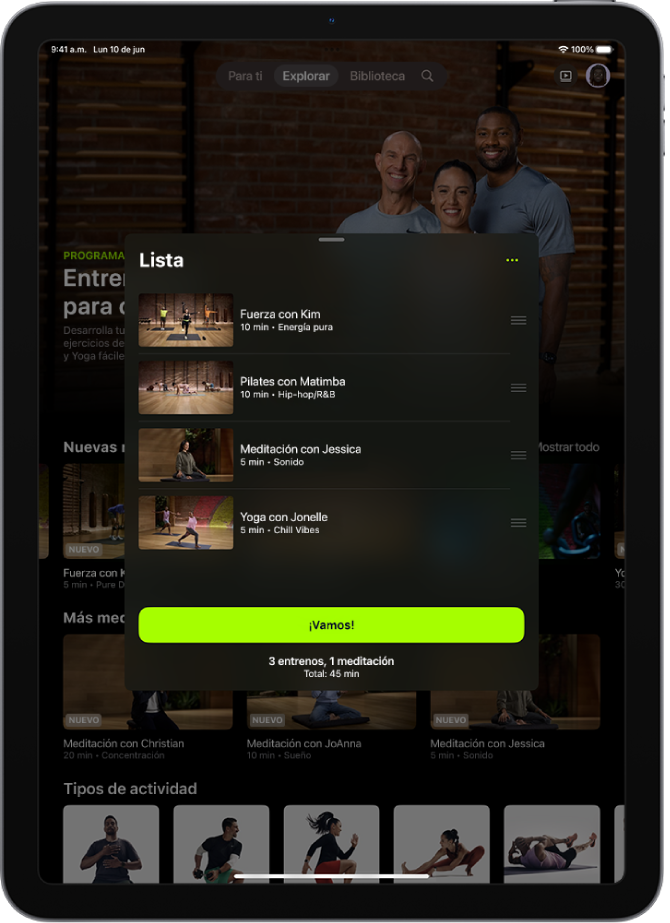 Una pantalla muestra una lista con tres entrenamientos y una meditación. En la parte inferior de la pantalla está el botón ¡Vamos!