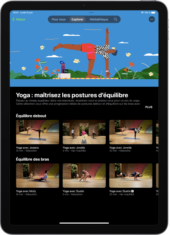 L’écran Apple Fitness+ affichant une collection de yoga. Le titre et la description de la collection se trouvent au centre de l’écran. Sous le titre de la collection se trouvent des rangs d’exercices.