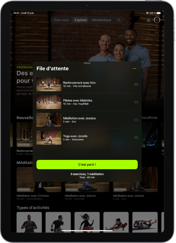 Un écran affichant une file d’attente avec trois exercices et une médiation. Le bouton « C’est parti ! » apparaît au bas de l’écran.