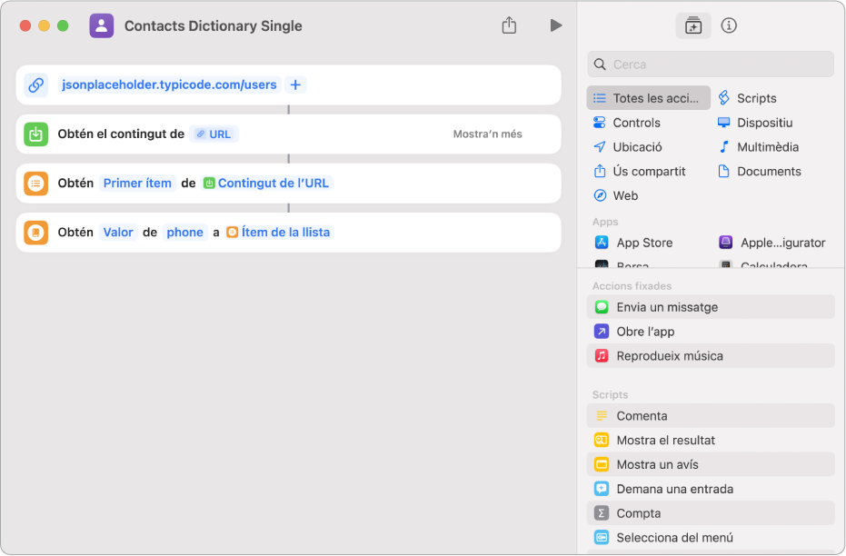 L’acció “Obtenir valor del diccionari” a l’editor de dreceres amb la clau configurada en telèfon.