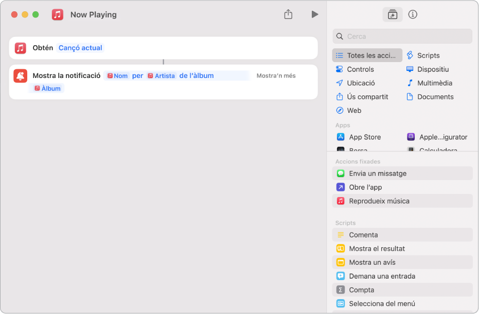L’acció “Mostrar notificació” a l’editor de dreceres i l’avís “S’està reproduint” de l’app Música cridades per l’acció “Mostrar notificació”.