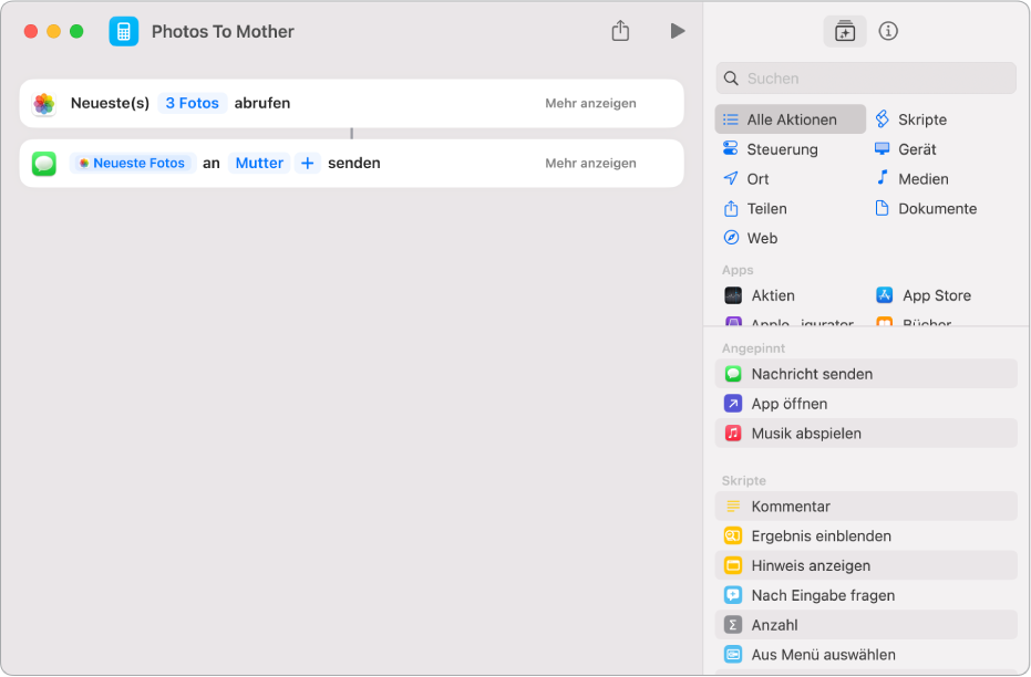 Kurzbefehl mit einer Aktion „Neueste Fotos abrufen“ und einer Aktion „Nachricht senden“