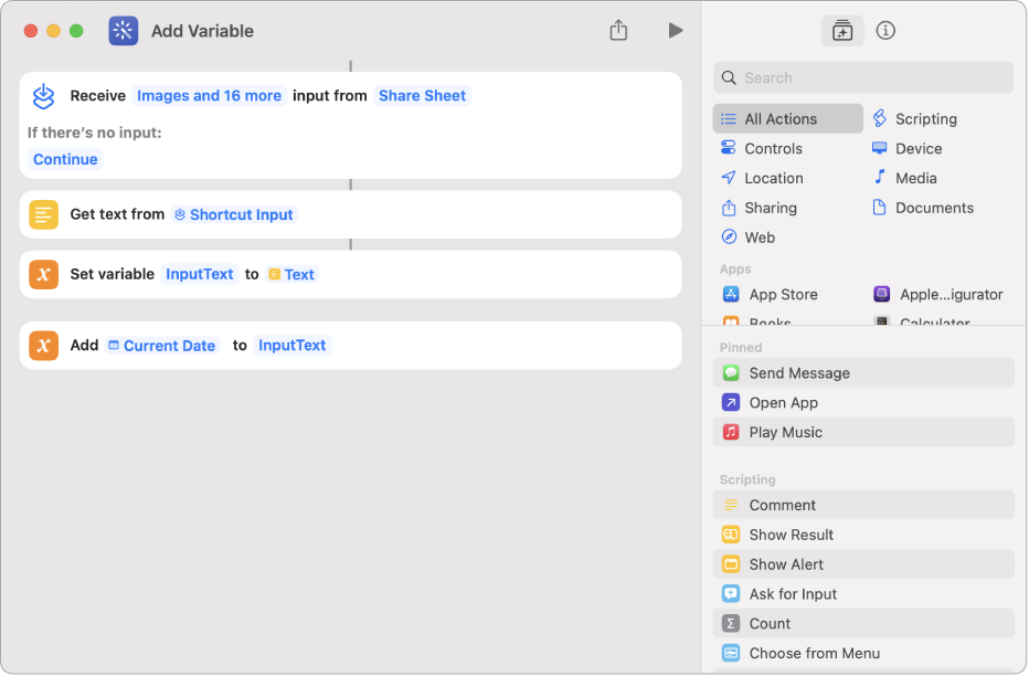 Set Variable and Add to Variable actions in shortcut editor.