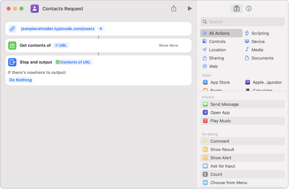 An API request that contains a URL action pointing at the API endpoint, followed by a Get Contents of URL action.