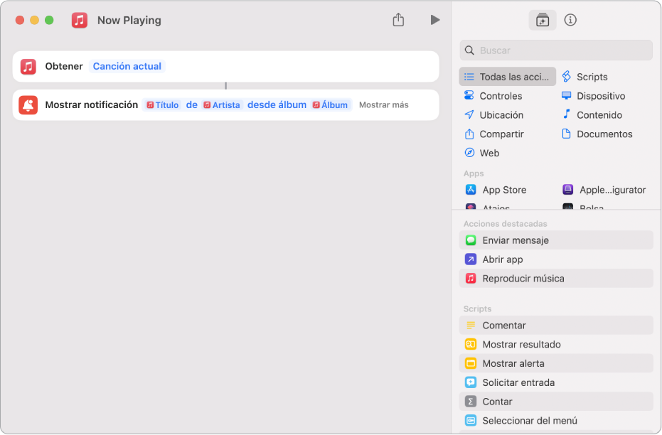 La acción Mostrar notificación en el editor de atajos y la alerta Ahora suena de Música, invocada por la acción Mostrar notificación.