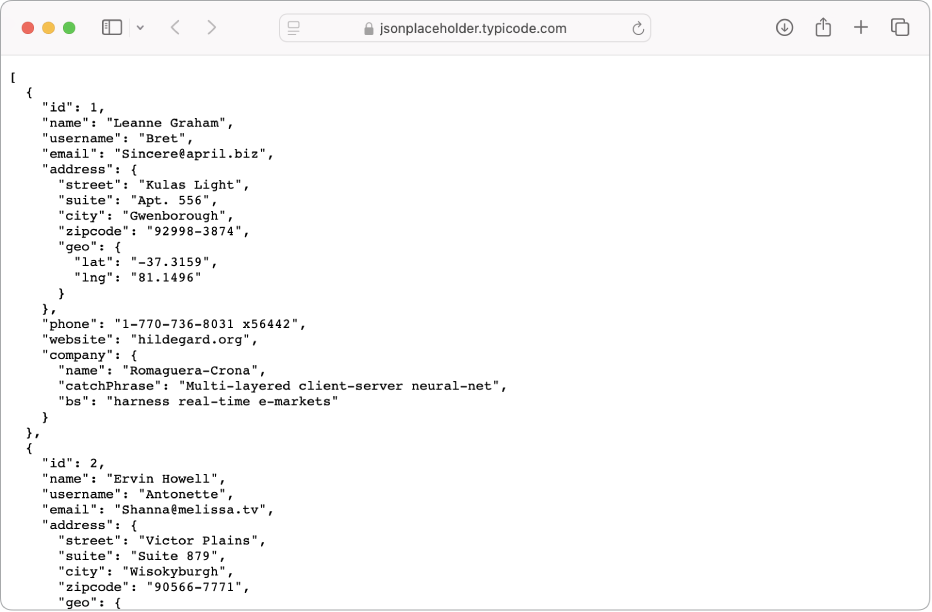 JSON 데이터 예시.