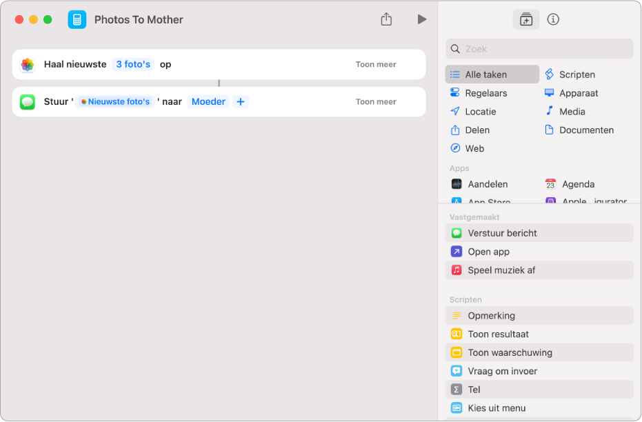 Opdracht met de taak 'Haal nieuwste foto's op' en de taak 'Verstuur bericht'.