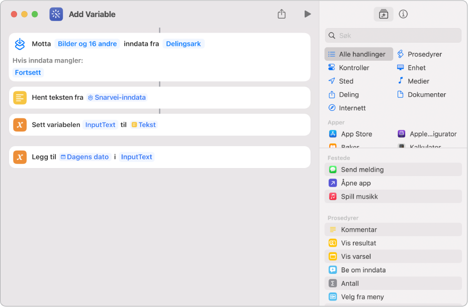 Angi variabel- og Legg til i variabel-handlingene i snarveisredigereren.
