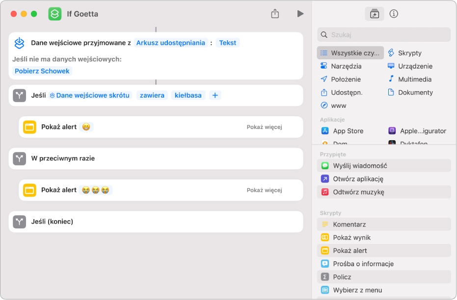 Przykładowy skrót zawierający czynności „Jeśli”.