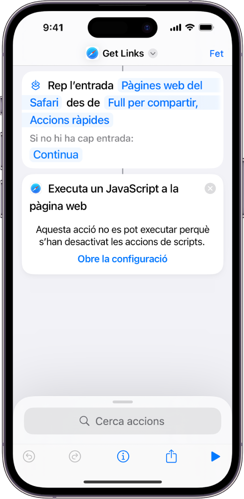 L’acció “Executar JavaScript a la pàgina web” a l’editor de dreceres.