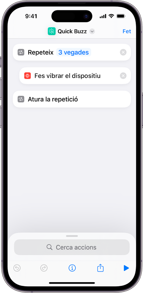 L’acció "Fer vibrar el dispositiu" configurada per repetir‑se tres vegades.