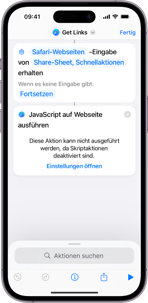 Die Aktion „JavaScript auf Webseite ausführen“ im Kurzbefehleditor