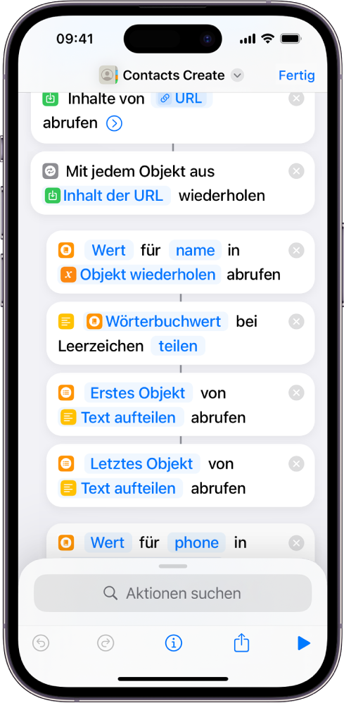 Ein Kurzbefehl zeigt die Aktionen „Text aufteilen“.