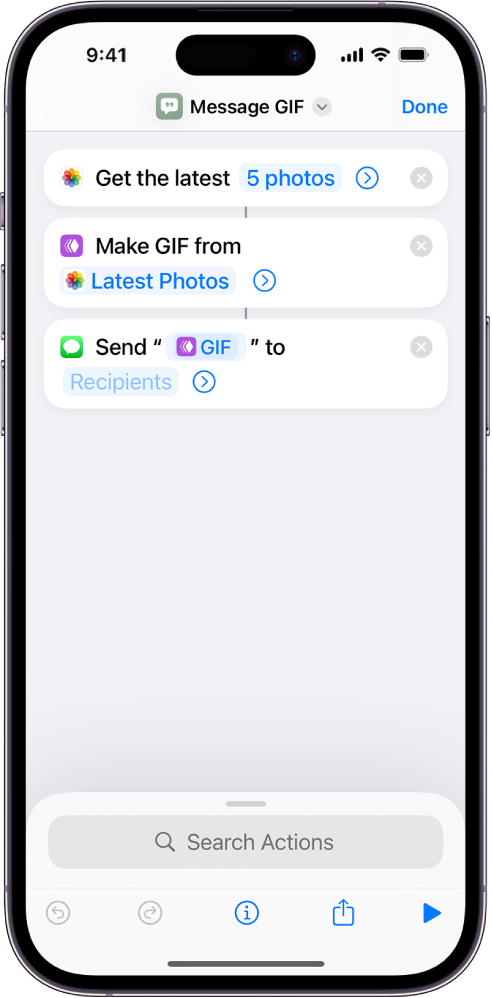 Shortcut editor showing actions used to send a message with photos as an animated GIF.