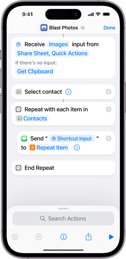 Example shortcut showing “Repeat” actions.