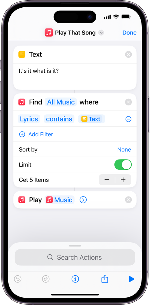 Ask Each Time variable replacing the Repeat parameters in the Play Music action in the shortcut editor.