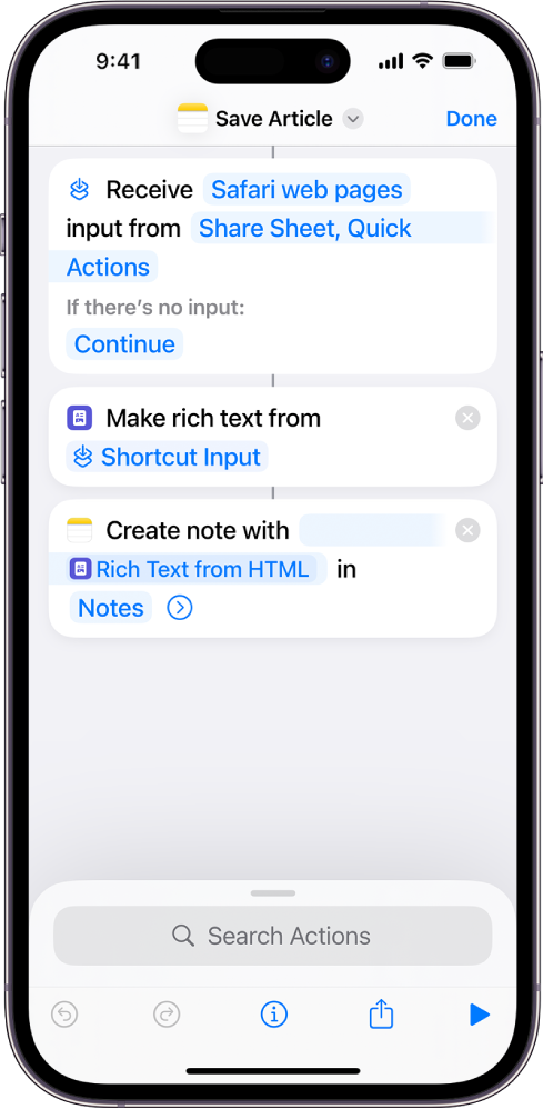 Actions shown in the shortcut editor.