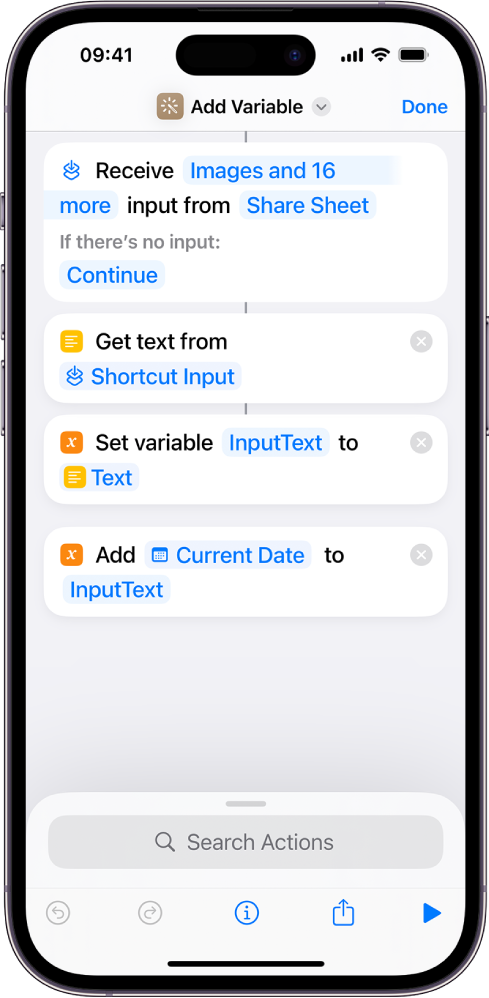 Set Variable and Add to Variable actions in shortcut editor.