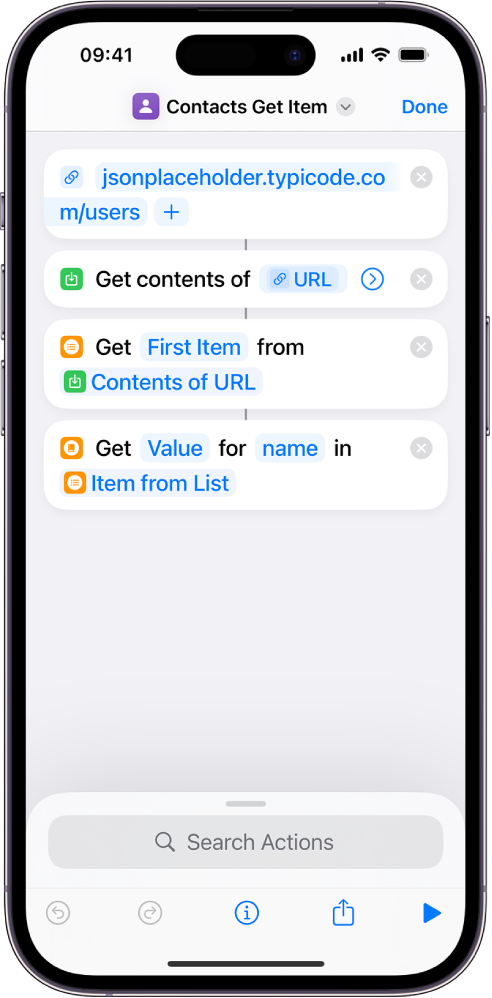 Get Dictionary Value action in the shortcut editor with the key set to name.