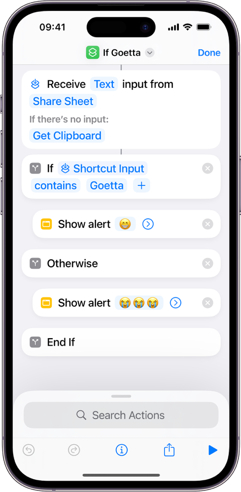 Example shortcut with "If" actions.