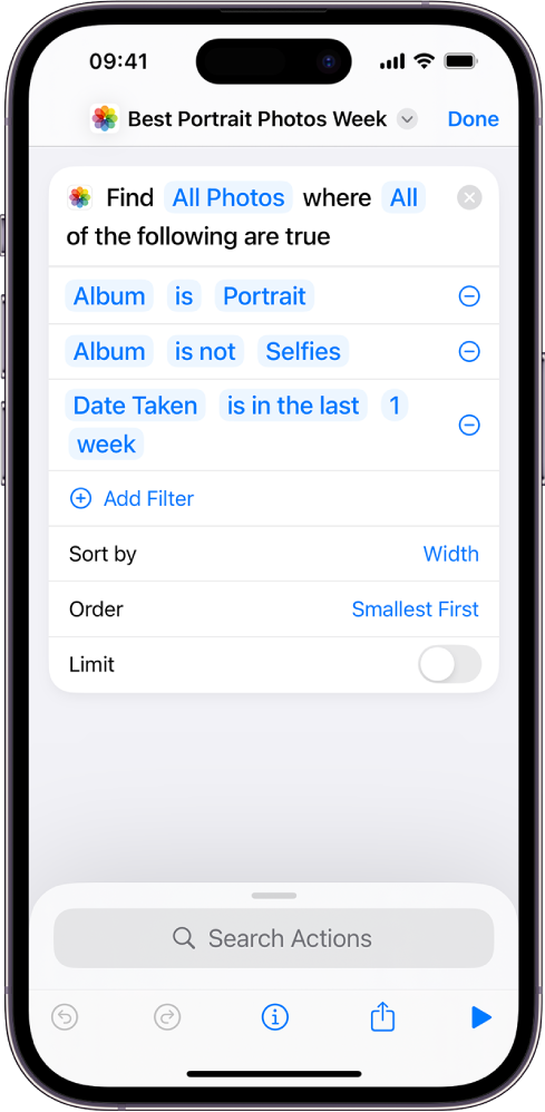 Find Photos Where action in shortcut editor.