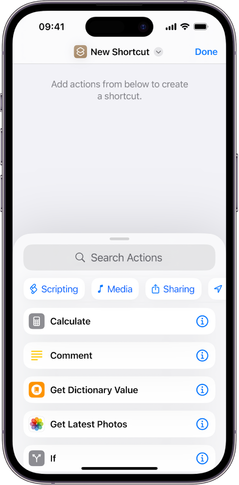 Empty shortcut editor on an iPhone.