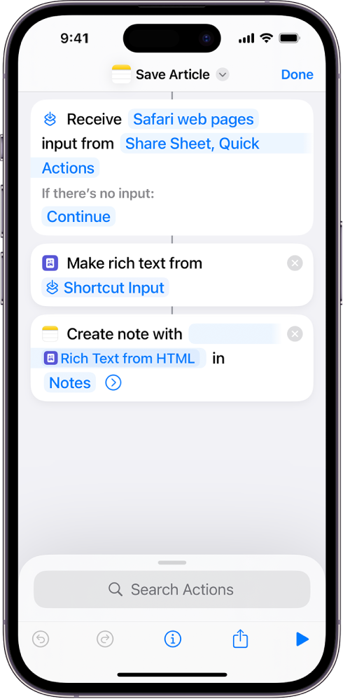 Actions shown in the shortcut editor.