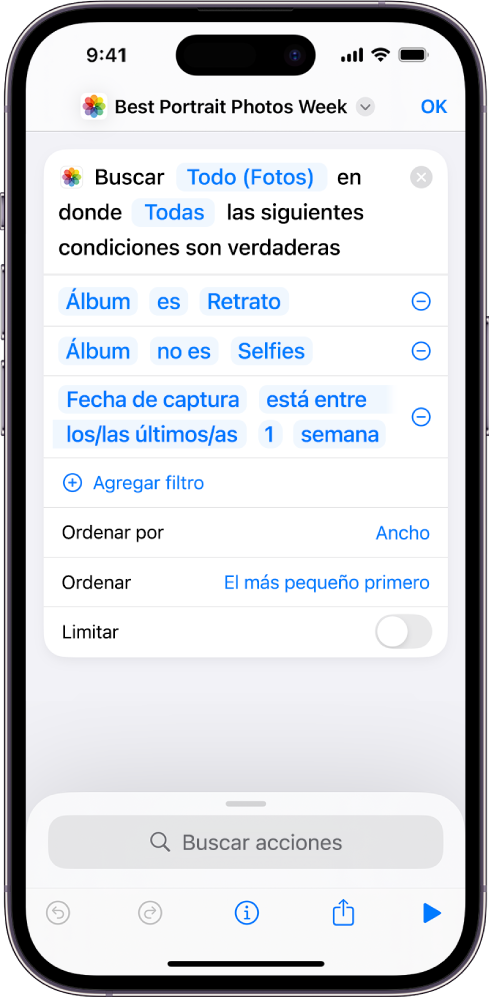 La acción "Buscar fotos donde" en el editor de atajos