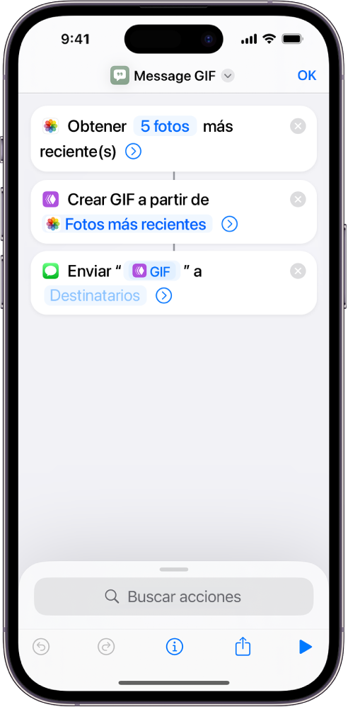 El editor de atajos mostrando acciones para enviar un mensaje con fotos como una imagen GIF animada.