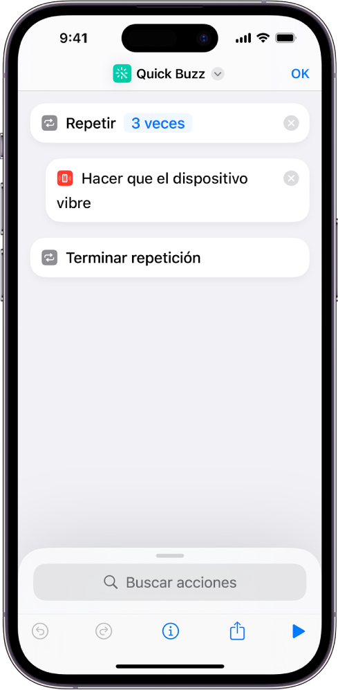 La acción "Hacer que el dispositivo vibre" con la clave "Repetir 3 veces"