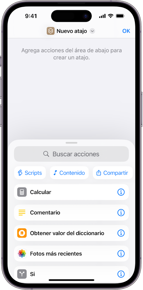 El editor de atajos vacío en un iPhone.