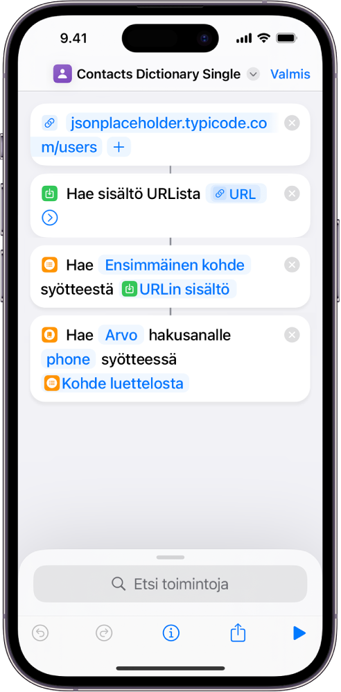 Hae sanakirjan arvo -toiminto pikakomentoeditorissa, avaimen asetuksena phone.