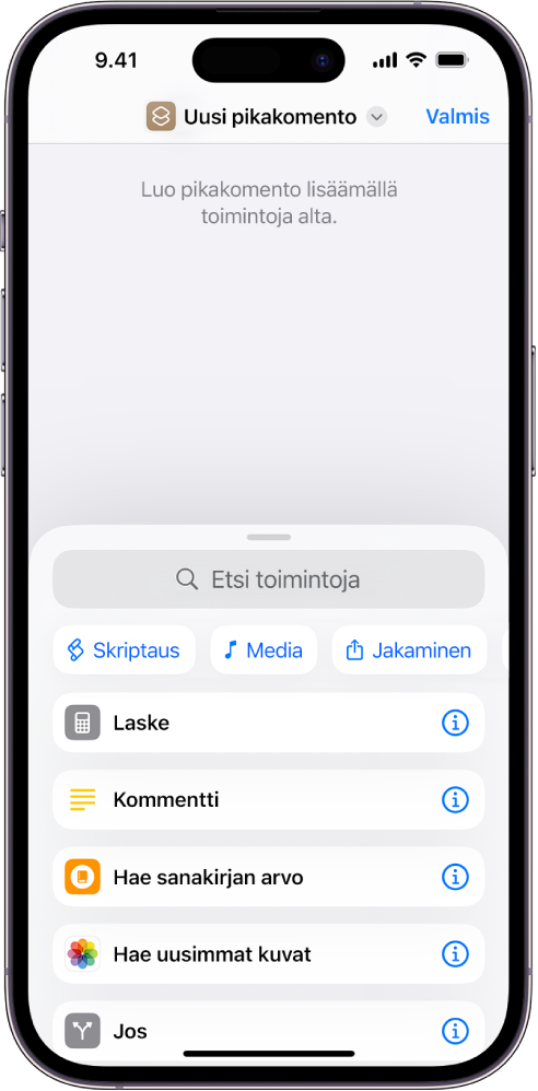 Tyhjä pikakomento-editori iPhonessa.