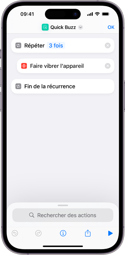 Action Faire vibrer l’appareil réglée sur trois répétitions.