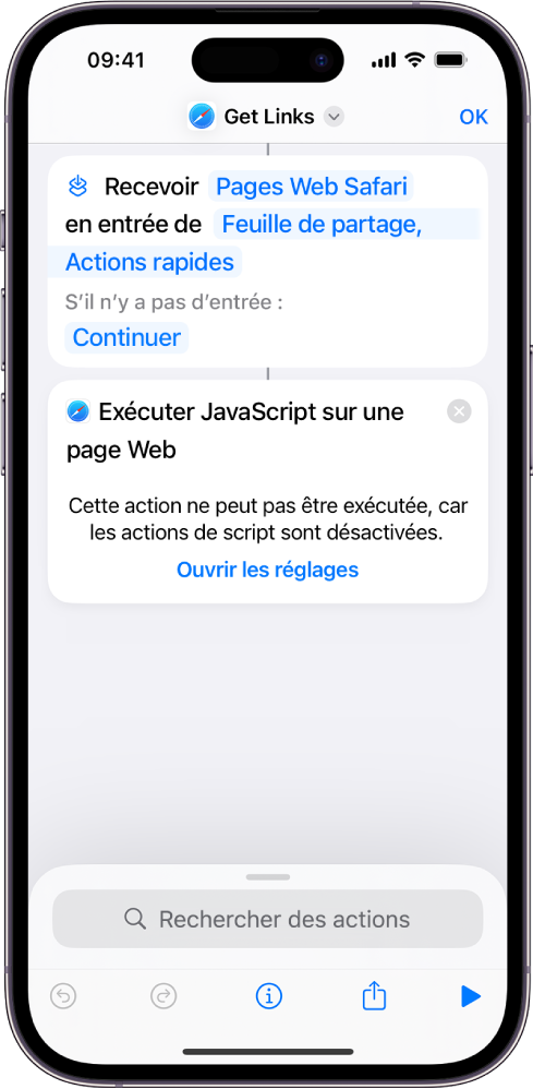 Action « Exécuter JavaScript sur une page Web » dans l’éditeur de raccourcis.