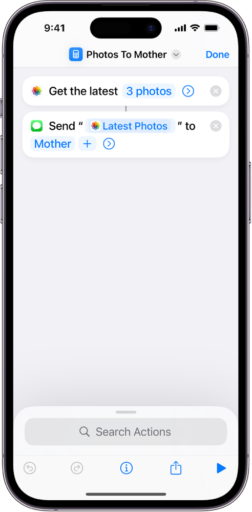 Un raccourci contenant l’action « Obtenir les dernières photos » et l’action « Envoyer le message ».