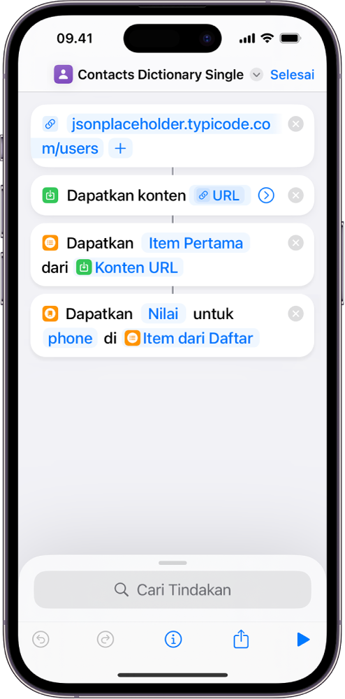 Tindakan Dapatkan Nilai Kamus di editor pintasan dengan kunci yang diatur ke telepon.