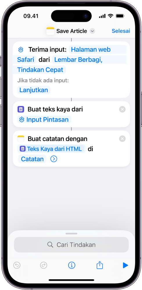 Tindakan yang ditampilkan di editor pintasan.