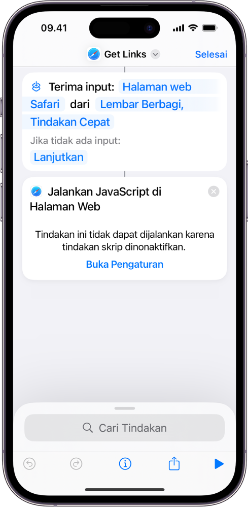 Tindakan Jalankan JavaScript di Halaman Web di editor pintasan.