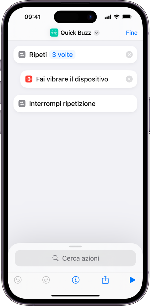 Azione “Fai vibrare il dispositivo” impostata per ripetersi 3 volte.