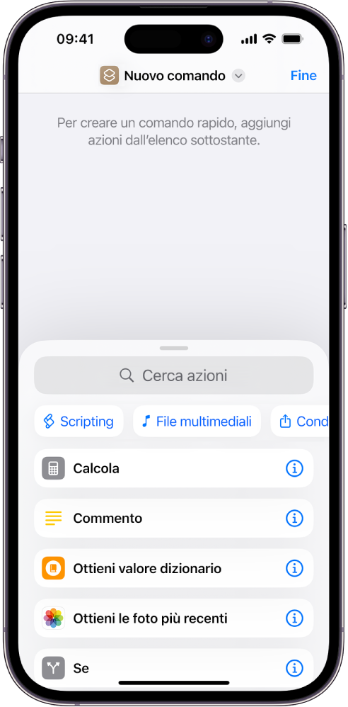 Editor di comandi rapidi vuoto su iPhone.