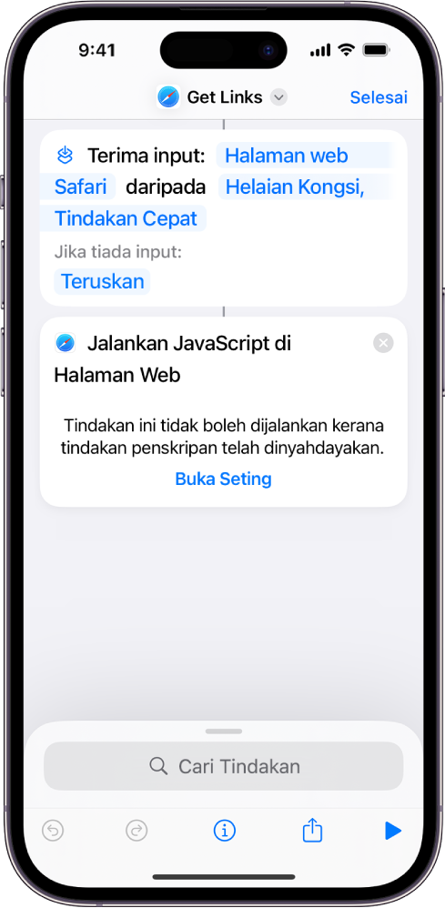 Tindakan Jalankan JavaScript pada Halaman Web dalam editor pintasan.