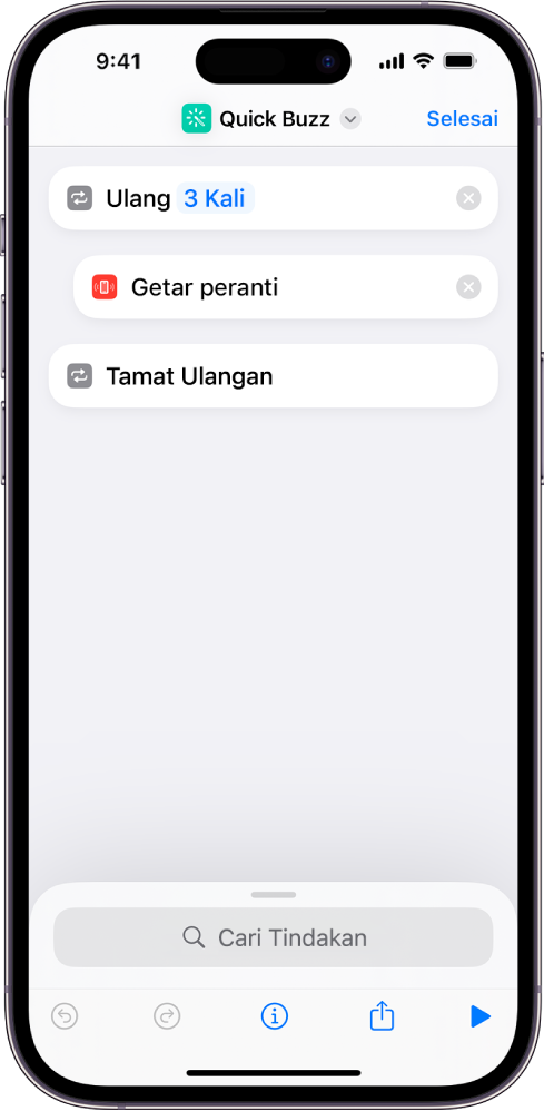 Tindakan Getar Peranti disetkan untuk ulang tiga kali.