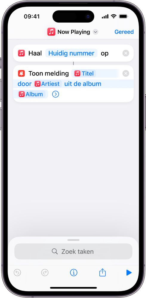 De taak 'Toon melding' in de opdrachteneditor en de melding 'Music Now Playing', zoals aangeroepen met de taak 'Toon melding'.