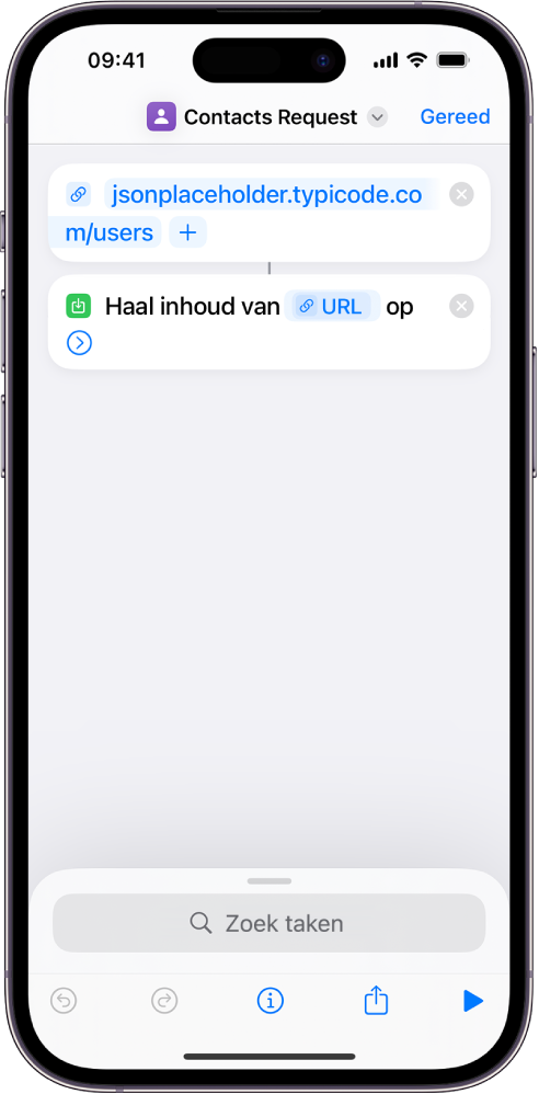 Een API-verzoek met een URL-taak die naar het eindpunt van de API verwijst, gevolgd door de taak 'Haal inhoud van URL op'.