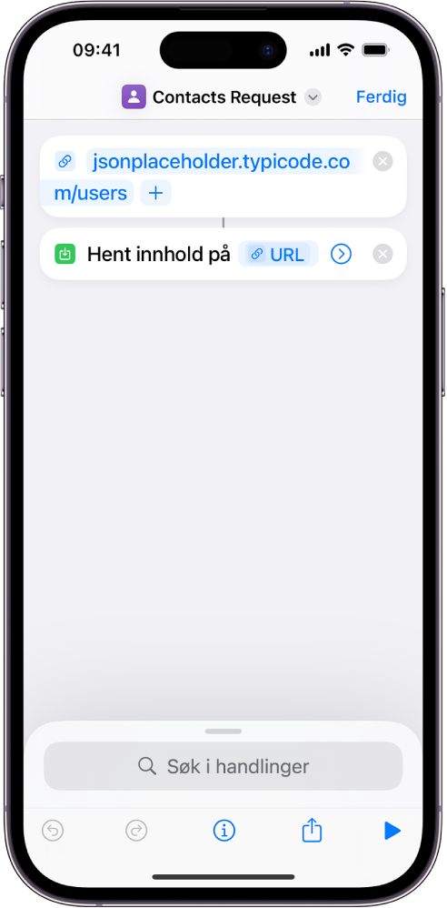 En API-forespørsel som inneholder en URL-handling som peker på API-sluttpunktet, etterfulgt av en Hent innhold på URL-handling.