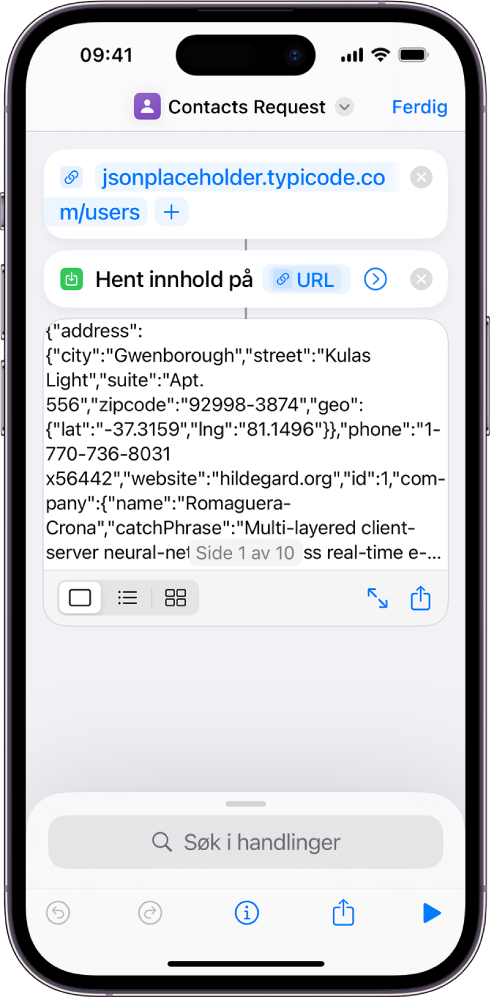 Resultatene av Typicode API-forespørsel-snarveien, som viser en liste med brukere.